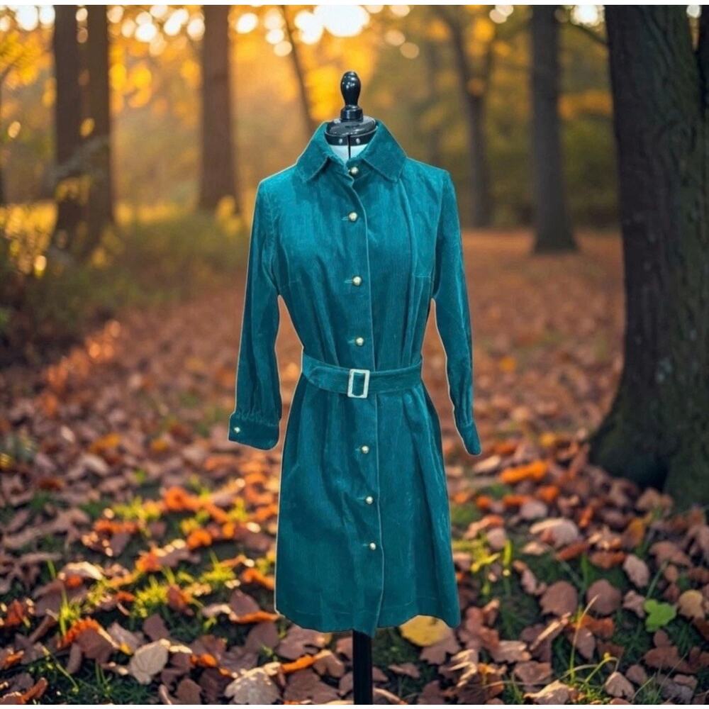 1960s Teal Corduroy Shirt Dress ATA Israel for Bamberger’s Belted Mod M